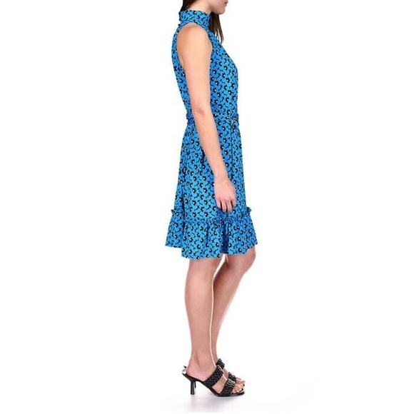 Michael Kors Women Blue Casual Ruffle Mock Neck Fit & Flare Mini Dress Size L - Picture 3 of 4